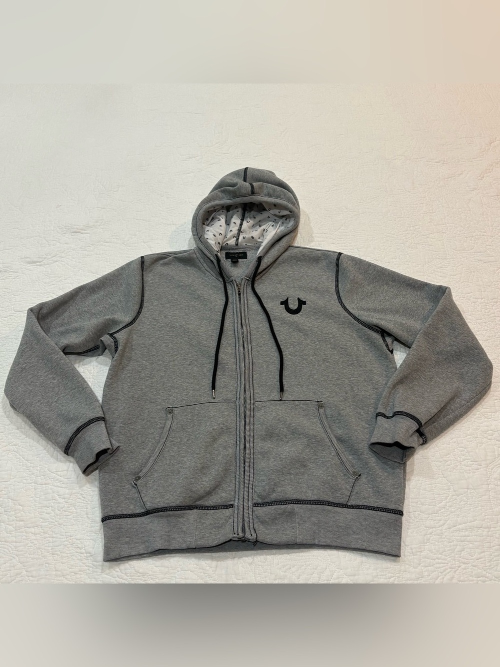 True Religion Men’s Hoodie Zip Up Size XXL Draw Strings Pockets Long Sleeve Gray